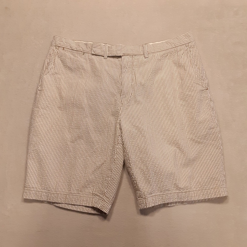 Vintage Polo Mens Tan Stripe Seersucker Chino Shorts 38 Bradbury Fit 10" Inseam